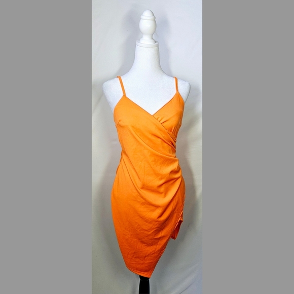 "NEW" Small Lauriell Bright Orange Wrap Front Crepe Midi Dress - Picture 1 of 7